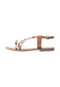 Sandali piatti marroni con design a fascia sottile, caratterizzati da accenti di perline colorate nella zona delle dita. Chiusura con fibbia regolabile sul lato.