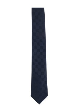 Donkerblauwe stropdas met een subtiel geruit patroon in afwisselend matte en glanzende vierkanten.