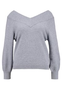 Grau off-shoulder Pullover mit langen Ärmeln. Hergestellt aus weichem Strickstoff, mit einem V-Ausschnitt und gerippten Bündchen und Saum.