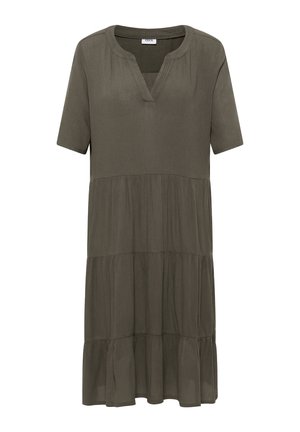 Robe midi kaki foncé à volants, manches courtes et décolleté en V.