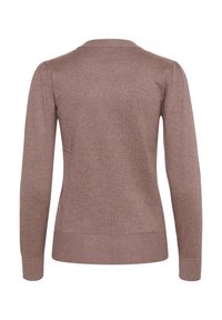 Brown knitted sweater, featuring a round neckline, ribbed cuffs, and hem. The fabric has a soft texture with a subtle pattern.