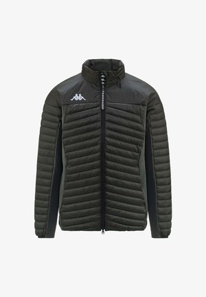 Giacca nera imbottita con colletto alto, frontale con zip e motivo a cerniera a zigzag. Presenta pannelli laterali elasticizzati e dettagli del logo bianco.