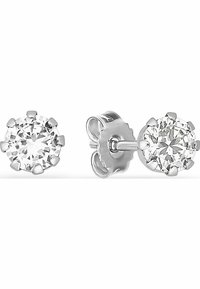 Silver örhängen med stift som har runda klara ädelstenar, var och en med sex klor. Designen inkluderar en enkel stift och fjäderbakgrund.