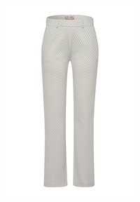 Hellgraue gemusterte Hose mit schmalem Bund, geraden Beinen, dezentem Karomuster und glatter Textur. Keine sichtbaren Beschläge.