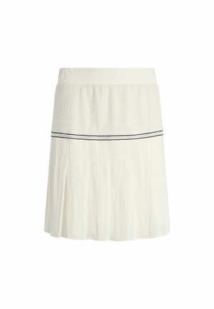 Gonna a pieghe bianca con una vita tessuta a trama, dettaglio a righe orizzontali nere e corpo svasato per un silhouette morbida.