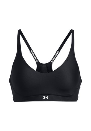 Schwarzer Sport-BH mit glatter Textur, verstellbaren Trägern mit weißem Branding und einem Racerback-Design für verbesserten Halt.