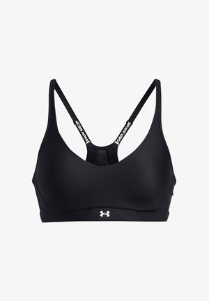 Svartid sports-BH med glatt tekstur, justerbare stropper med hvit merkevare, og racerback-design for økt støtte.