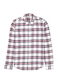 Langsleeve geblokte shirt in wit, rood en marineblauw. Heeft een kraag, knoopsluiting aan de voorkant en een enkele borstzak. Gemaakt van katoen.