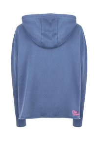 Blaues Hoodie mit lässiger Passform, Kapuze mit Kordelzug und rosa gesticktem Text "du bist geliebt" auf der unteren linken Seite. Glatte Stoffstruktur.