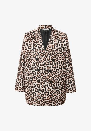 Leopardenmuster Doppelreiher-Blazer mit schwarzem Futter; ausgestattet mit vier schwarzen Knöpfen, zwei Fronttaschen und einer lässigen Passform.