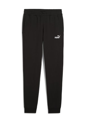 Black sweatpants with an elastic waistband, two side pockets, and a white Puma logo on the left leg, made from a soft, textured fabric.