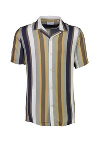 Kortermet skjorte med krage som har vertikale striper i grå, beige, sennep og marineblå. Laget av lett stoff med knappelukking foran.