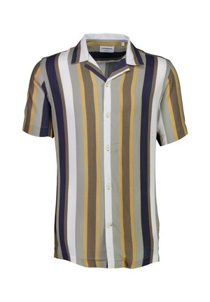 Short-sleeve collared shirt featuring vertical stripes in gray, beige, mustard, and navy. Made of lightweight fabric with front button closure.