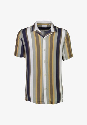 Πουκάμισο κοντομάνικο με γιακά που διαθέτει κατακόρυφες ρίγες σε γκρι, μπεζ, μουσταρδί και ναυτικό. Φτιαγμένο από ελαφρύ ύφασμα με κλείσιμο μπροστά με κουμπιά.