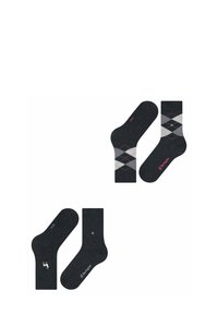 Ciemnoszare skarpetki z wzorem argyle w jasnoszarym i różowym kolorze, z małym haftowanym logo i kropkami na kostce.