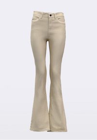 Beige vide jeans med høy midje, fem lommer og knappelukking foran. Laget av denim med glatt tekstur og minimal falming.