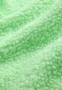 Țesătură din fleece moale, texturată, de culoare verde deschis, cu o suprafață pufoasă, blândă, având un luciu subtil și un pile neregulat, ridicat.