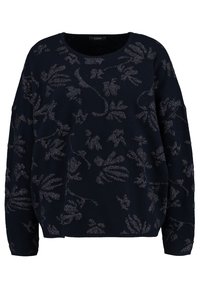 Mörkblå stickad tröja med långa ärmar, med ett strukturerat blommönster i silvertråd. Rund halsringning och avslappnad passform.