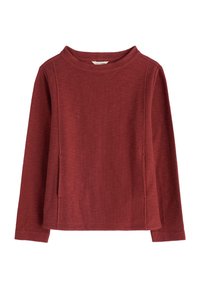 Pulover s dolgimi rokavi v bordo rdeči barvi, z okroglim izrezom, subtilnimi navpičnimi šivi in rahlo teksturiranim materialom.