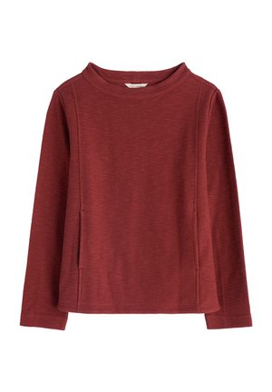 Dugi rukav, pulover boje maroon s okruglim izrezom, s diskretnim vertikalnim šavovima i blago teksturiranom tkaninom.