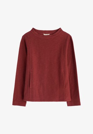 Garš sleeve, bordo sarkans šķērsveidīgs pulovers ar smalkiem vertikāliem šuvēm un nedaudz teksturētu audumu.