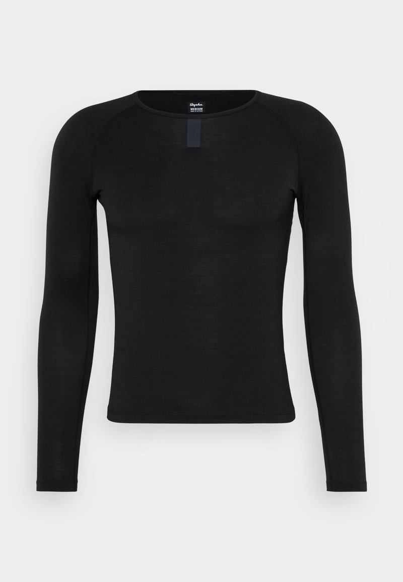 Black long-sleeve top with a crew neck. Made of a smooth, lightweight fabric. Features raglan sleeves and a subtle brand tag at the neck.