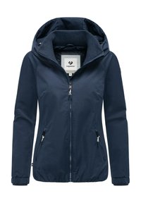 Veste à capuche bleu marine avec fermeture éclair à l'avant, poignets élastiques et poches latérales doubles. Fabriquée en tissu lisse et durable avec une doublure intérieure douce.