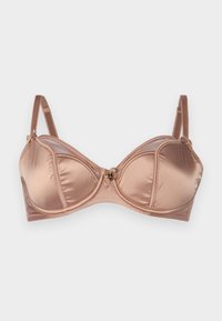 Bραζίλιαν σουτιέν με ενίσχυση σε ανοιχτό καφέ σατέν υλικό, με μορφοποιημένα cups, ραμμένα ραφές, ρυθμιζόμενους ιμάντες και κεντρική διακοσμητική λεπτομέρεια με κούμπωμα.