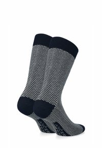 Skarpetki w wzór w jodełkę w ciemnoniebieskim i jasnoszarym kolorze. Żebrowane mankiety, gładka faktura, odpowiednie do użytku casualowego lub formalnego.