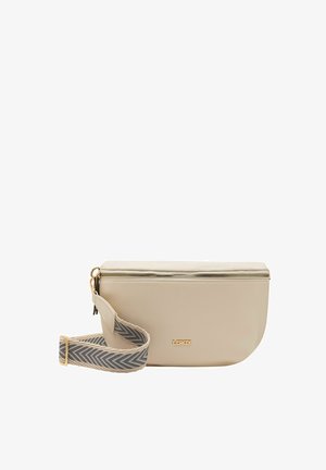 Clutch in pelle beige con zip dorata e dettagli del logo. Presenta una tracolla grigia a motivo. Forma rettangolare, texture liscia.
