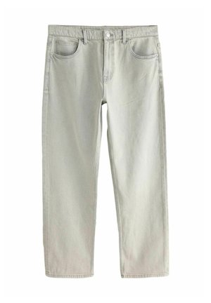 Lysegrå jeans med lige ben, forrest med knap, lynlås og fem-lomme design på hvid baggrund.