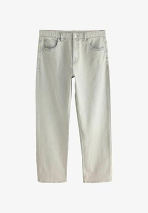 Hellgraue Jeans mit geradem Bein, vorderer Knopfleiste, Reißverschluss und Fünf-Taschen-Design vor weißem Hintergrund.