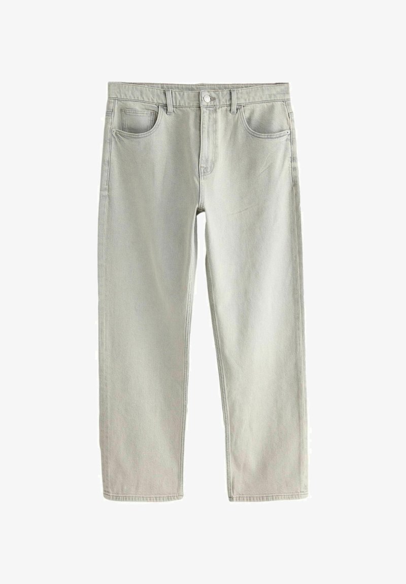 Jean gris clair à jambes droites avec bouton frontal, fermeture éclair et design à cinq poches sur fond blanc.