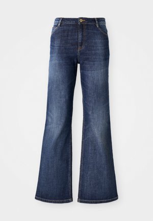 Donkerblauwe uitlopende spijkerbroek van denim met een sluiting met een knop aan de voorkant, twee voorzakken en een minimale vervaging langs de dijen en de zoom.
