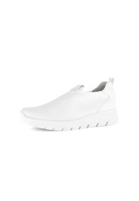 Weiße Slipper-Sneaker mit strukturiertem Muster, glattem Stoff, dicker Gummisohle und Schlaufe an der Ferse für einfaches Anziehen. Minimalistisches Design.
