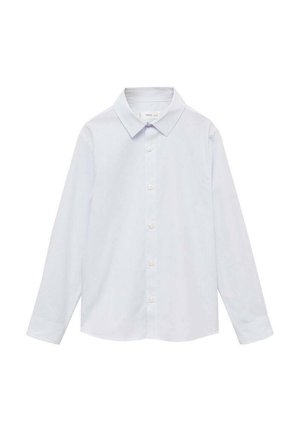 Chemise à manches longues bleu clair avec un col pointu et des rayures blanches verticales. Comprend cinq boutons sur le devant. Matière en mélange de coton.