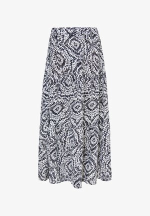 Midi sukně s tie-dye vzorem v černo-bílé barvě, s elastickým pasem a vrstvami splývavé tkaniny.