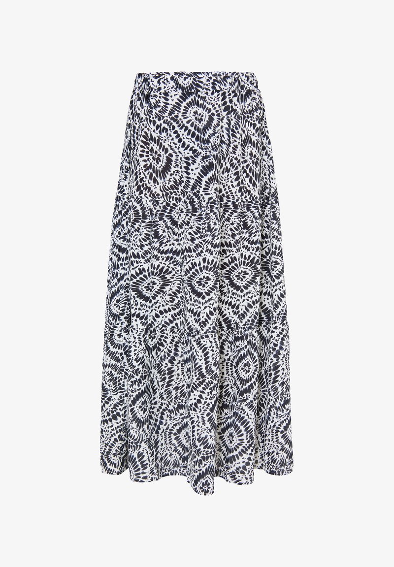 Sort og hvidt tie-dye mønstrede midi-nederdel med elastisk talje og tierede, flagrende stofpaneler.
