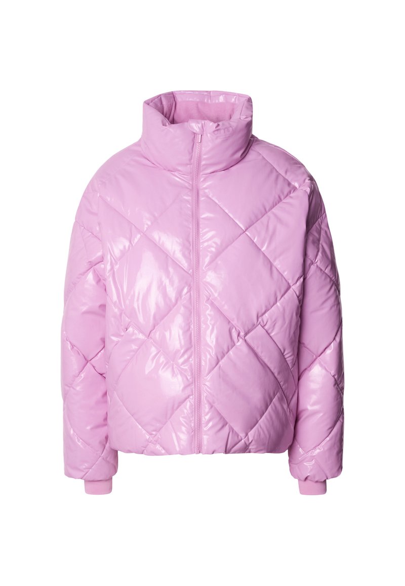 Padded jacket w błyszczącym jasnoróżowym kolorze, z diamentowym wzorem pikowania, wysokim kołnierzem i zapięciem na zamek. Żebrowane mankiety dopełniają projekt.