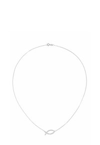 Collar de plata con una cadena fina y un colgante en forma de pez adornado con cristales transparentes, destacando una textura lisa y brillante.