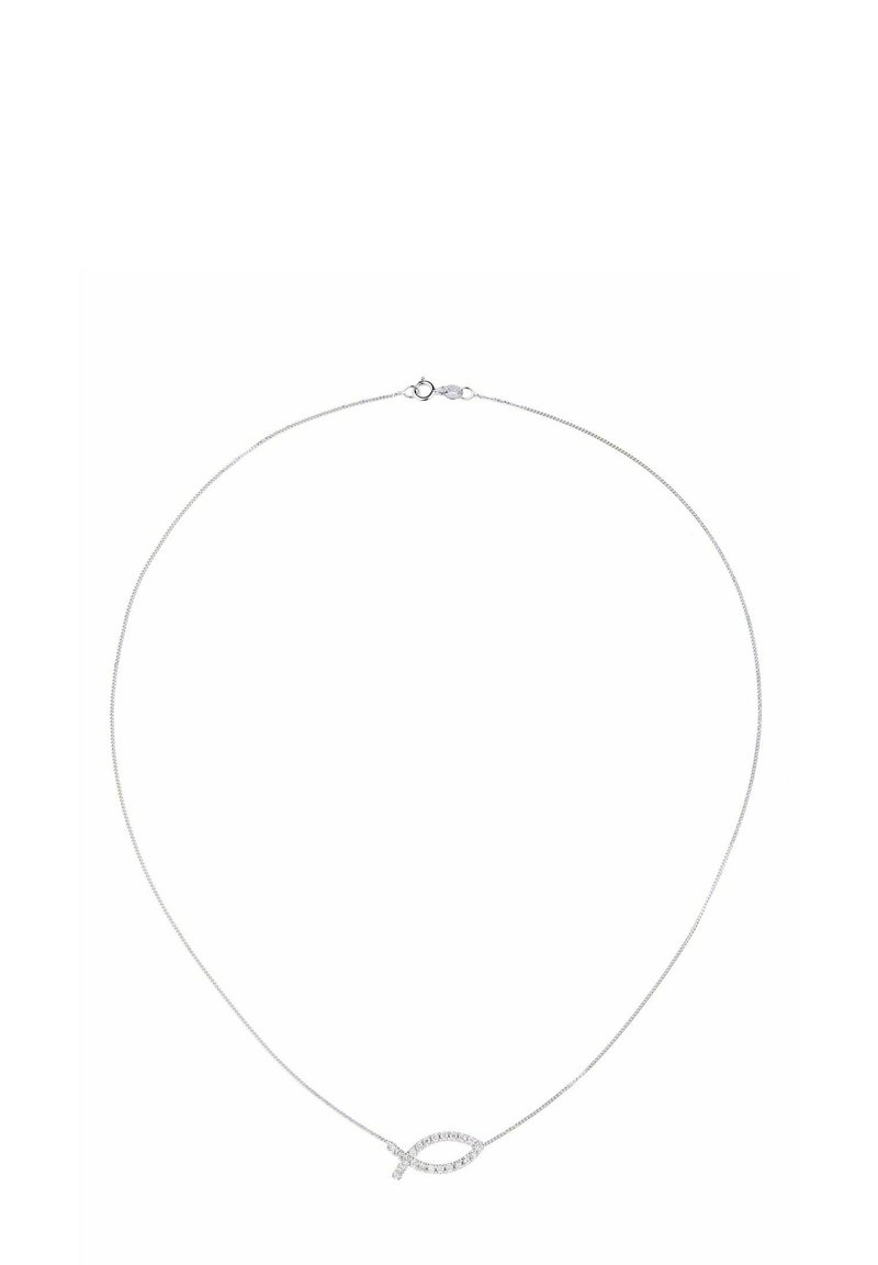 Collar de plata con una cadena fina y un colgante en forma de pez adornado con cristales transparentes, destacando una textura lisa y brillante.