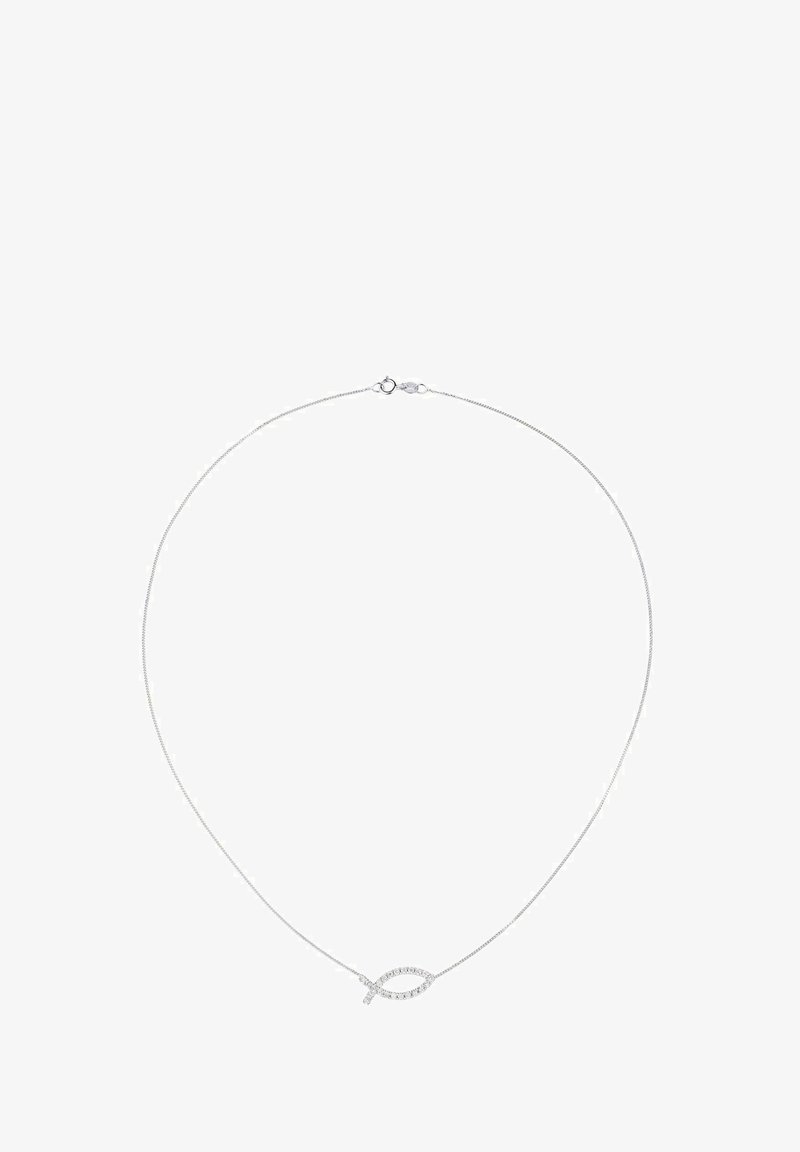 Collar de plata con una cadena fina y un colgante en forma de pez adornado con cristales transparentes, destacando una textura lisa y brillante.