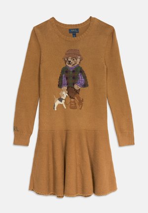 Robe en maille marron à manches longues présentant un motif tissé d'une personne en tenue de plein air promenant un petit chien à l'avant.