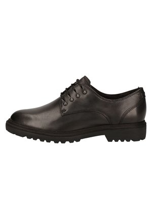 Zapatos de cuero negro con un acabado suave, punta redonda, seis ojetes para los cordones y una suela de goma texturizada para agarre.