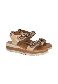 Sandalias de estampado de leopardo con correas ajustables, material de cuero color tostado, plantilla acolchada y suela texturizada para agarre, con un tacón en cuña.