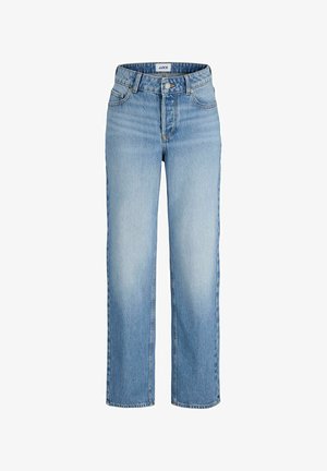 Lyseblå jeans med rette ben, knapp- og glidelåslukking, beltestropper og frontlommer, vist på hvit bakgrunn.