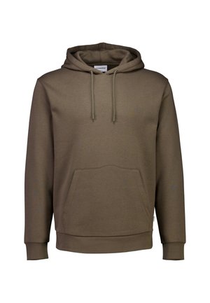 Olijfgroene hoodie, gemaakt van zacht materiaal. Voorzien van een voorzak, verstelbare koordjes en ribgebreide manchetten en zoom.