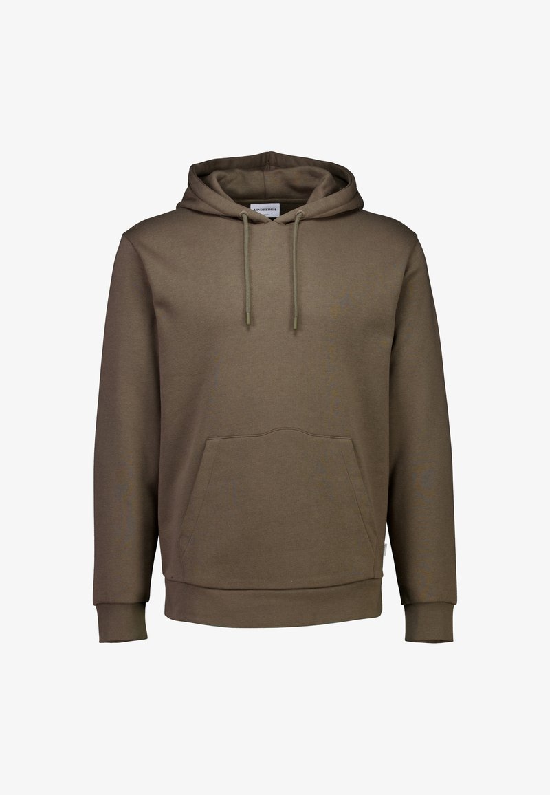 Felpa con cappuccio verde oliva, realizzata in tessuto morbido. Presenta una tasca frontale, cordini regolabili e polsi e orlo a coste.
