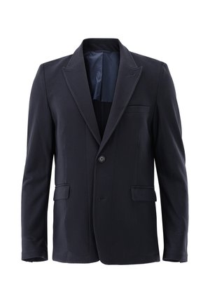 Marineblauer Blazer mit strukturiertem Stoff, Ein-Knopf-Verschluss, Revers mit Kerbkragen, einer Brusttasche und zwei Fronttaschen. Glattes Innenfutter.