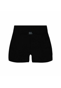 Shorts sportivi neri con una vita aderente e un logo blu chiaro al centro frontale. Tessuto liscio e lunghezza regolare.